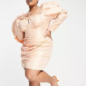 Flawed ** ASOS LUXE Curve puff sleeve corset dress in coral swirl jacquard 14